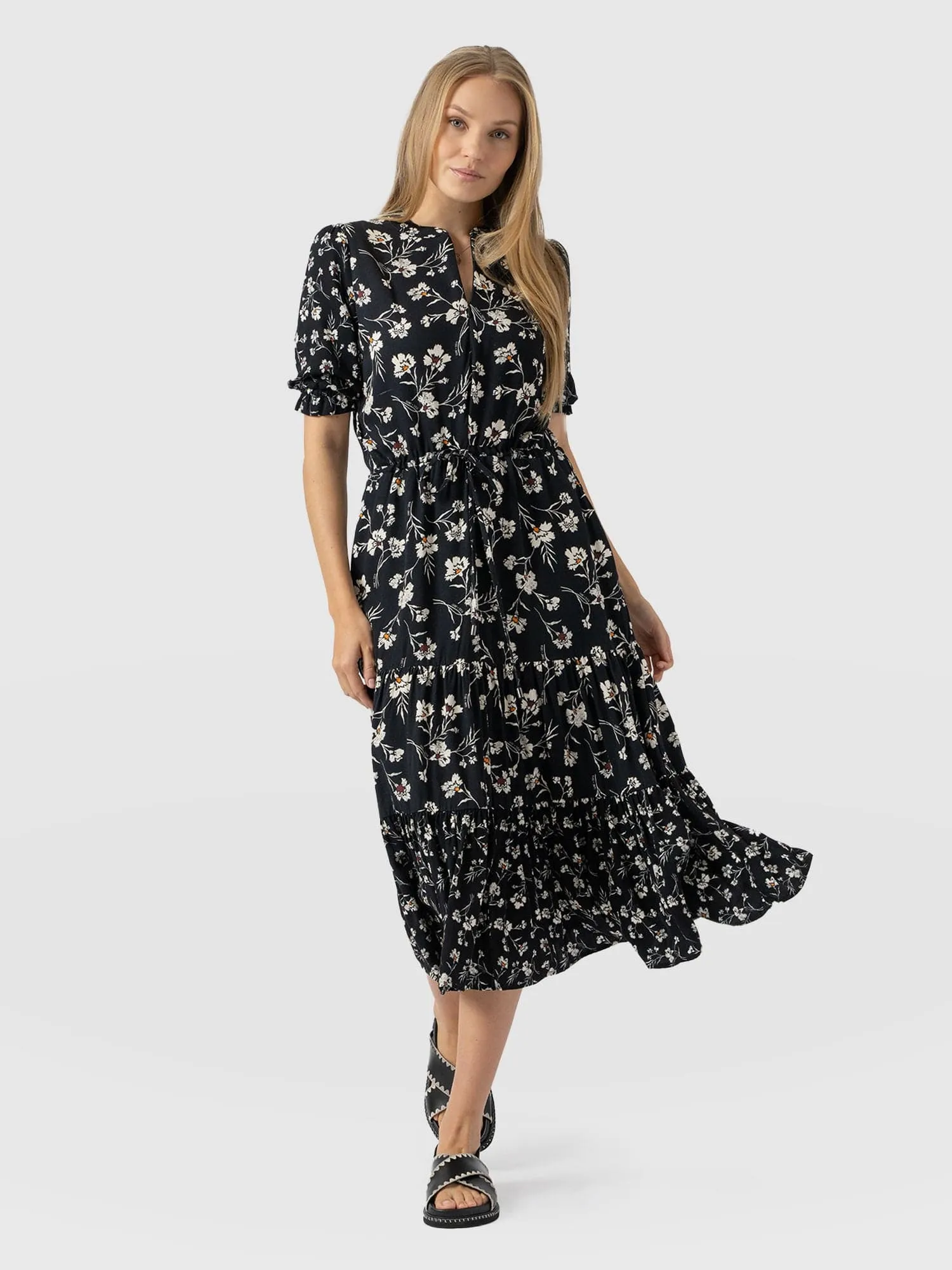 Olivia Zip Up Short Sleeve Dress - Black Spring Floral
