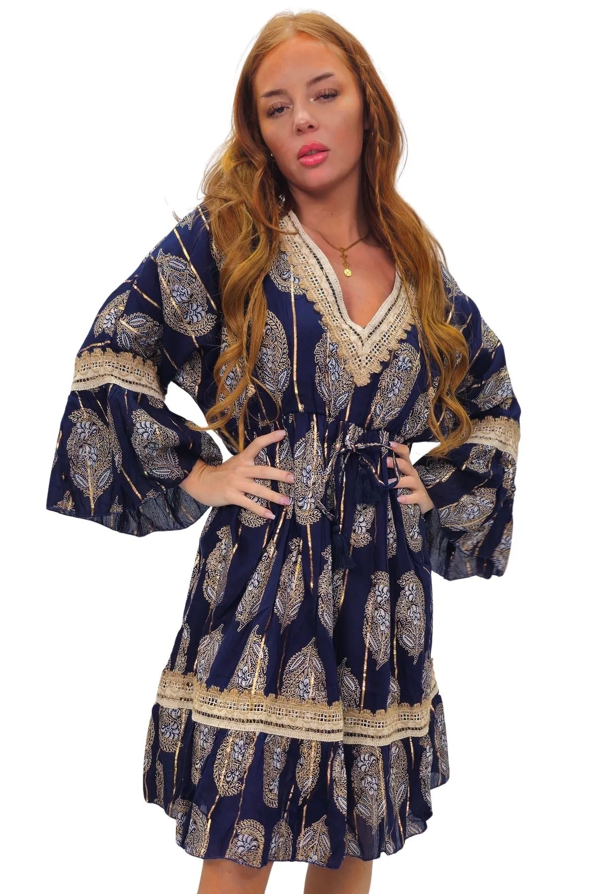 Paisley-Inspired Print Metallic Threadwork Vintage Bohemian Dress