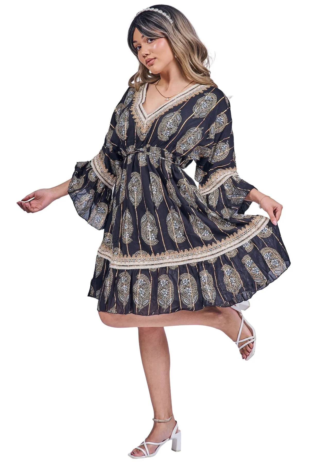 Paisley-Inspired Print Metallic Threadwork Vintage Bohemian Dress