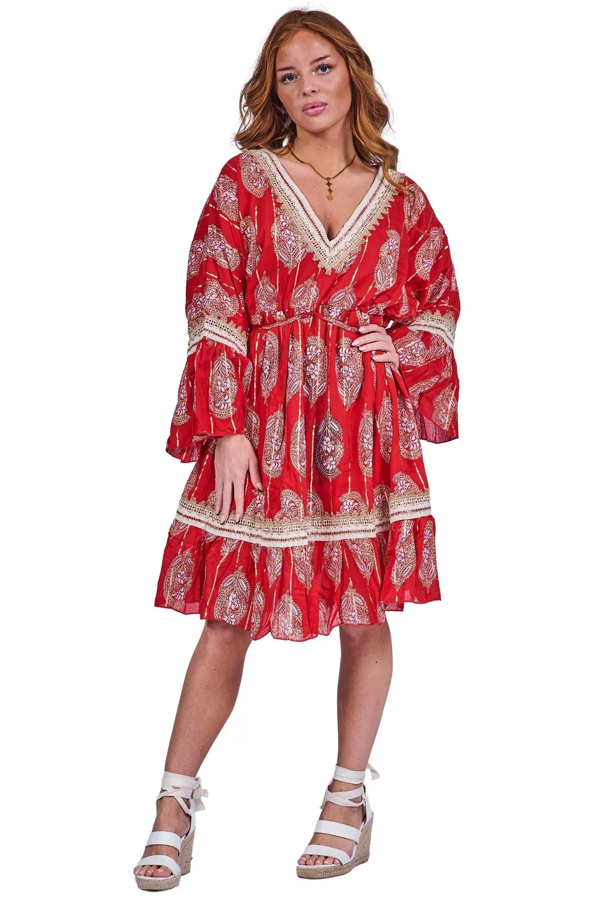Paisley-Inspired Print Metallic Threadwork Vintage Bohemian Dress