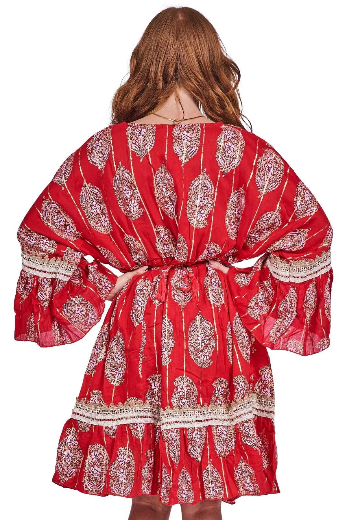 Paisley-Inspired Print Metallic Threadwork Vintage Bohemian Dress