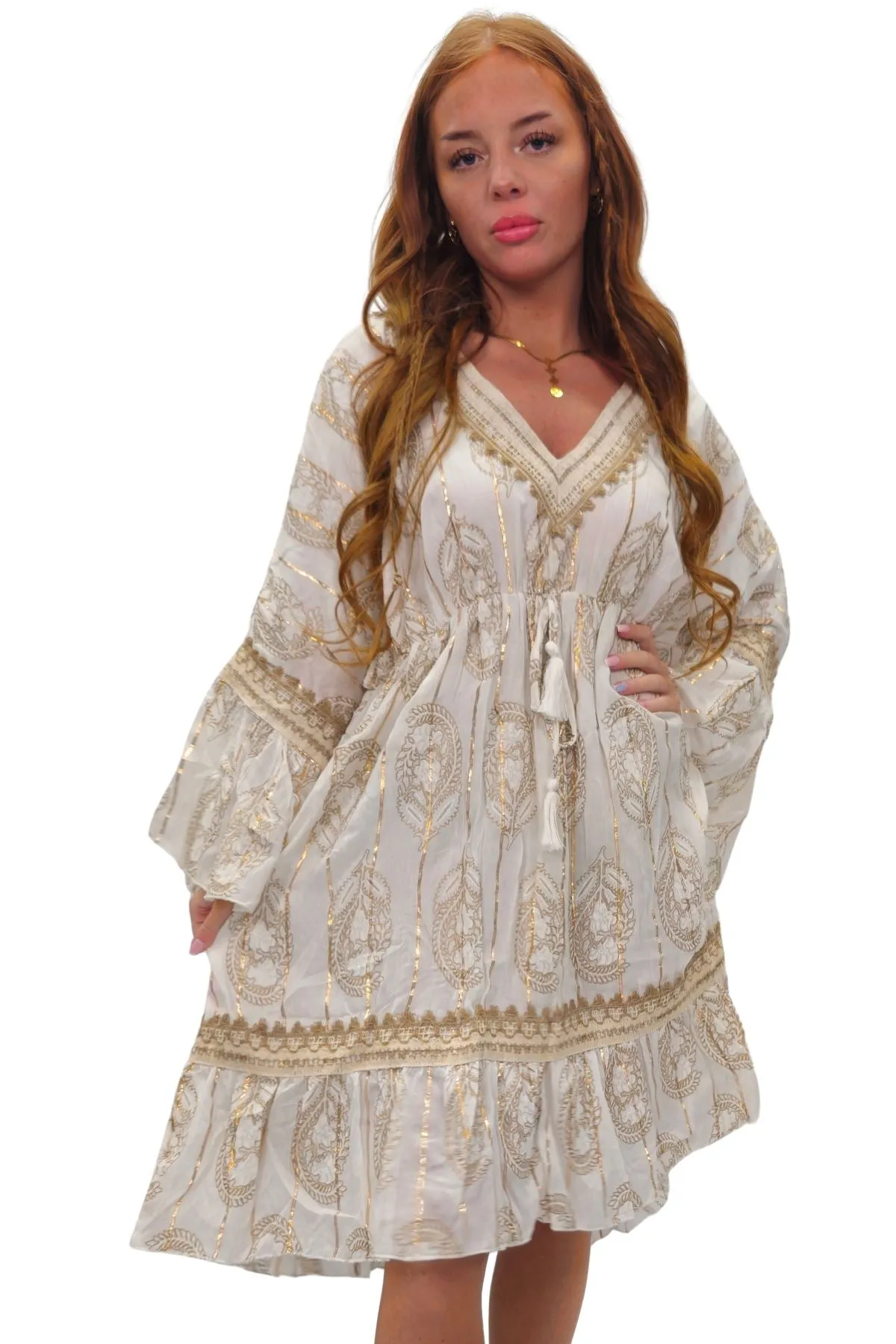 Paisley-Inspired Print Metallic Threadwork Vintage Bohemian Dress