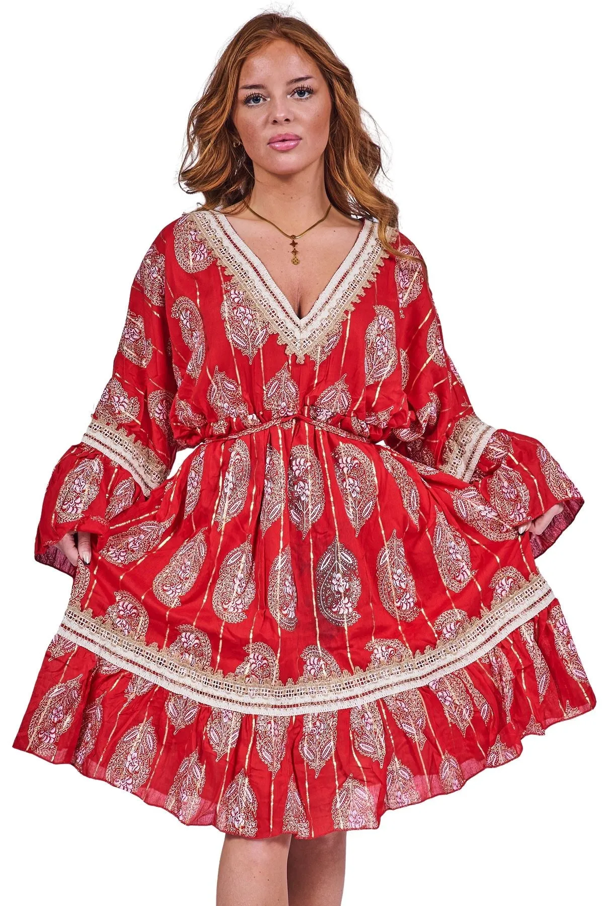 Paisley-Inspired Print Metallic Threadwork Vintage Bohemian Dress