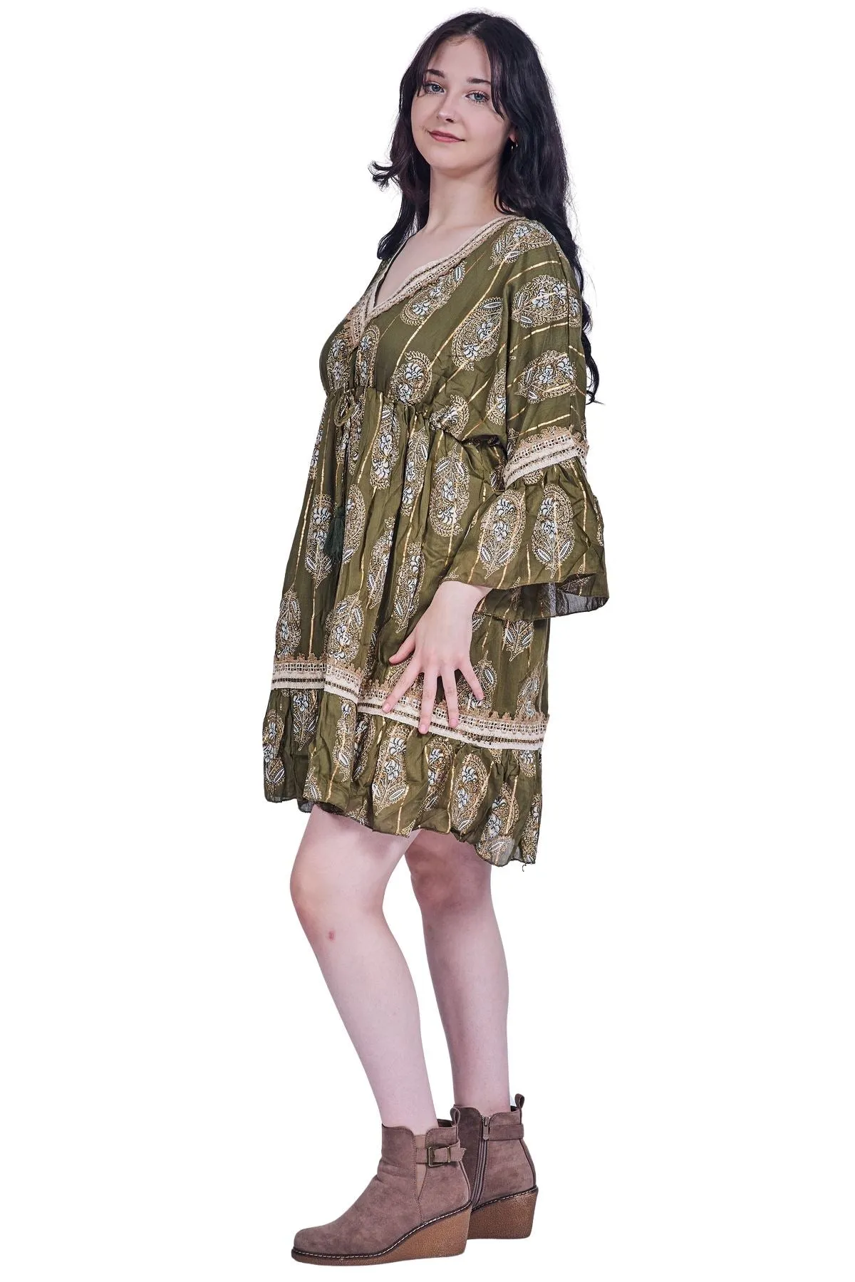 Paisley-Inspired Print Metallic Threadwork Vintage Bohemian Dress