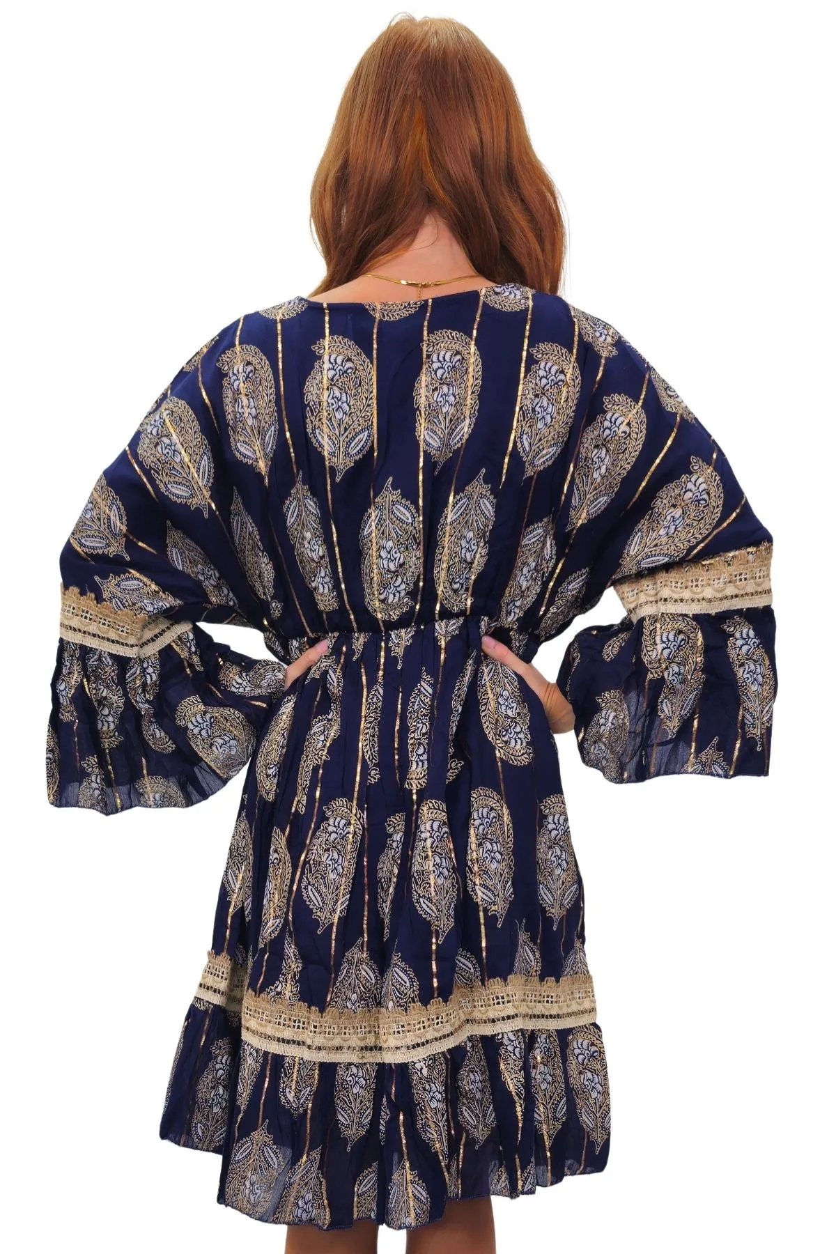 Paisley-Inspired Print Metallic Threadwork Vintage Bohemian Dress