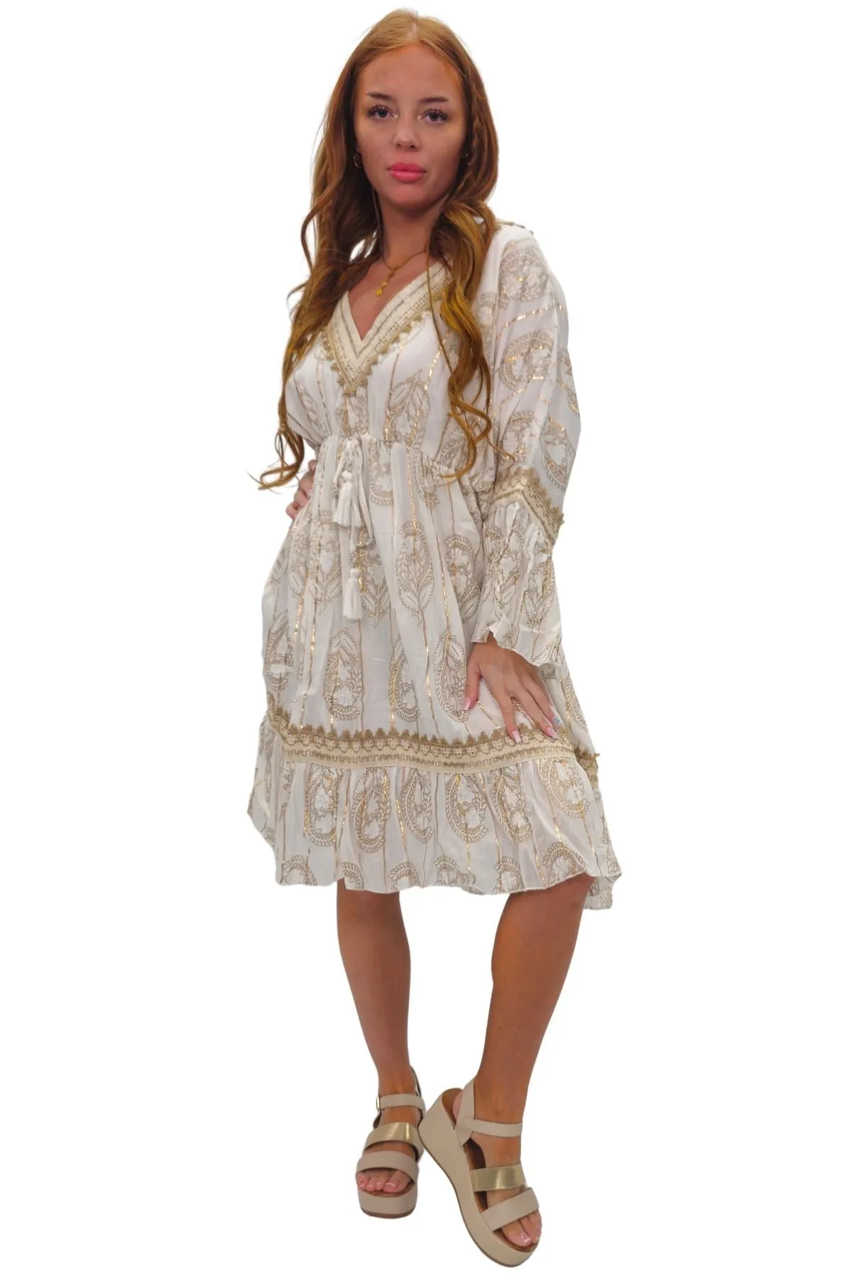 Paisley-Inspired Print Metallic Threadwork Vintage Bohemian Dress