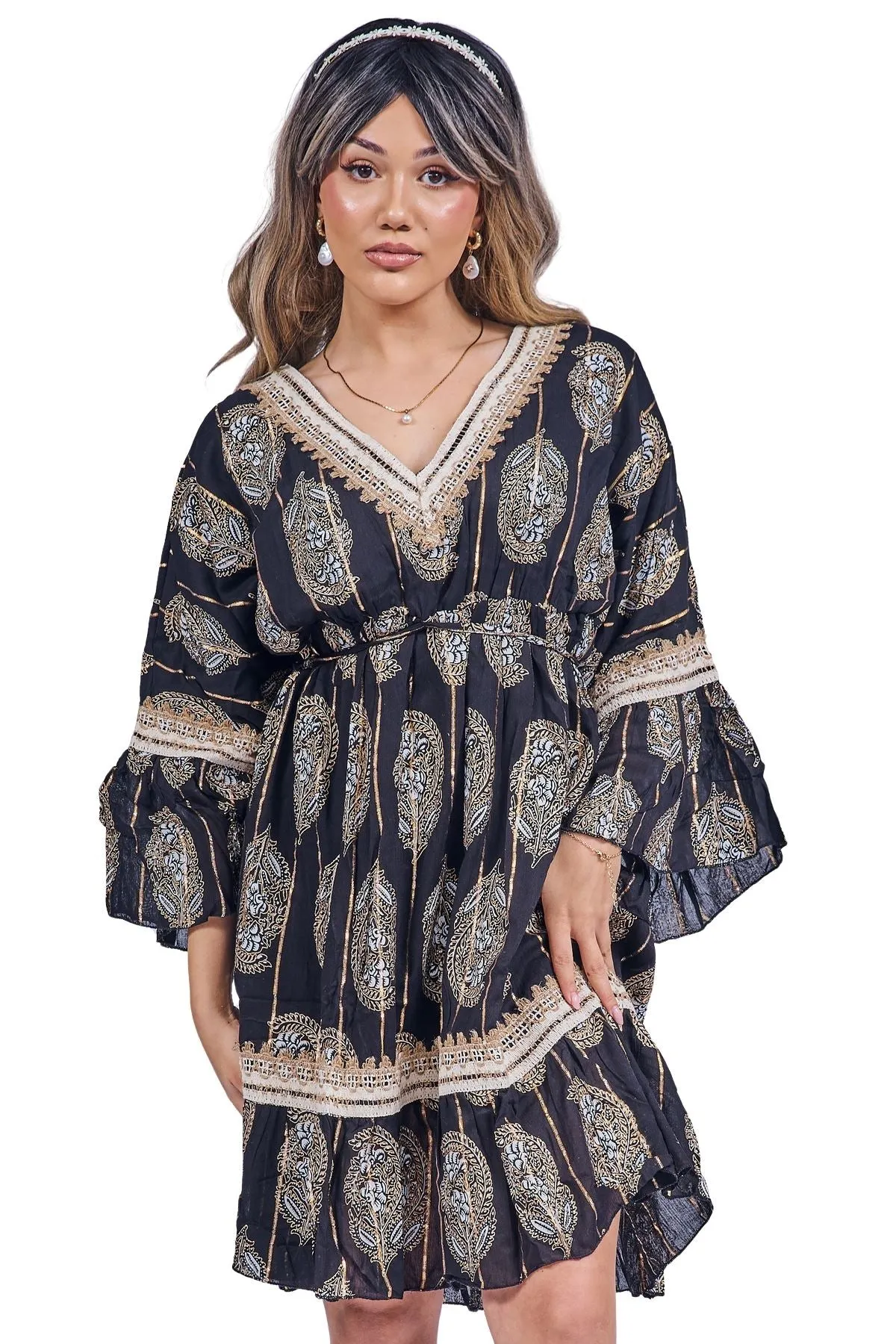 Paisley-Inspired Print Metallic Threadwork Vintage Bohemian Dress