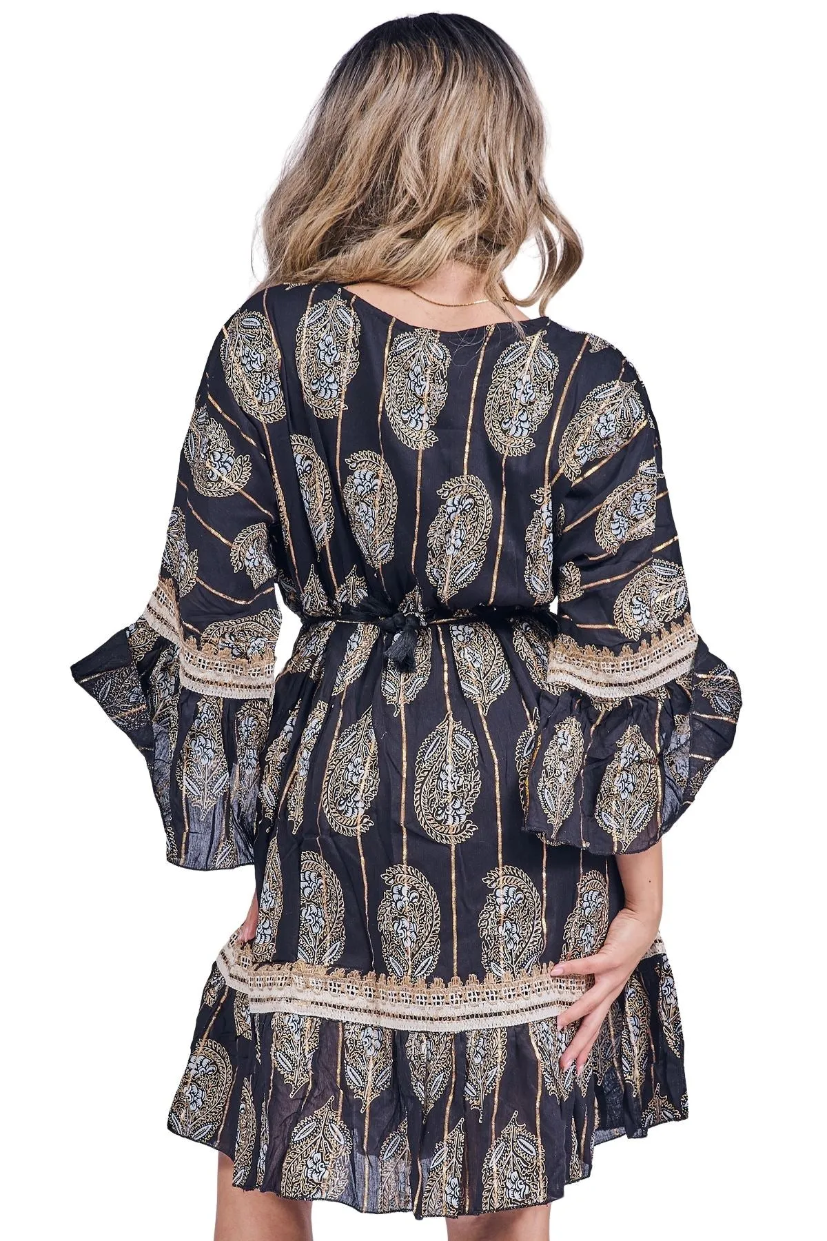 Paisley-Inspired Print Metallic Threadwork Vintage Bohemian Dress