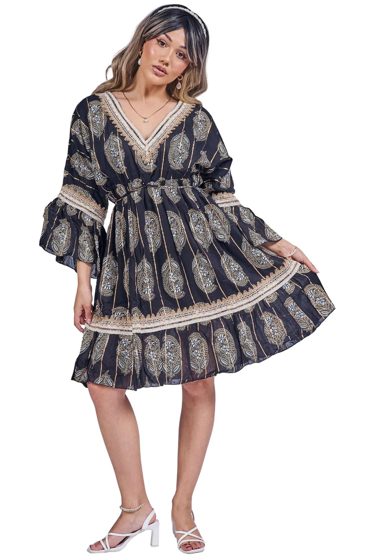 Paisley-Inspired Print Metallic Threadwork Vintage Bohemian Dress