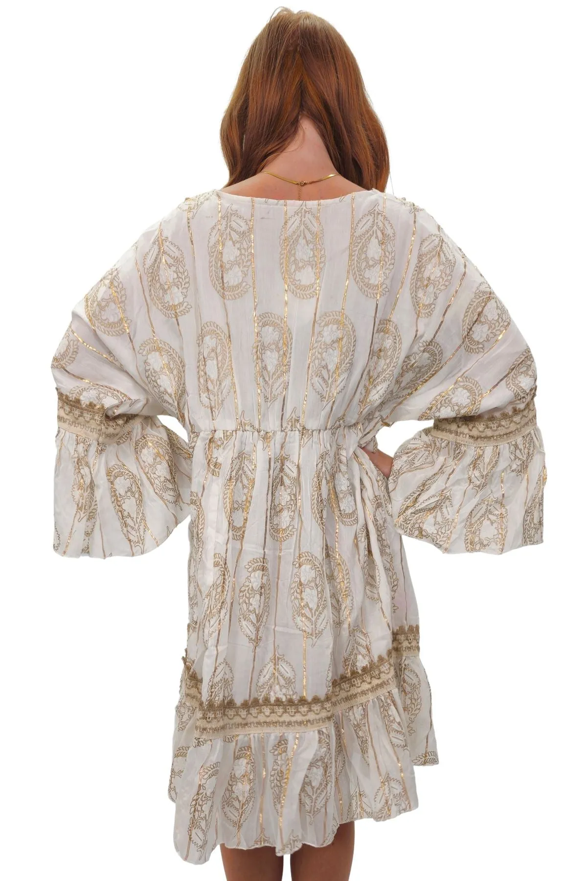 Paisley-Inspired Print Metallic Threadwork Vintage Bohemian Dress