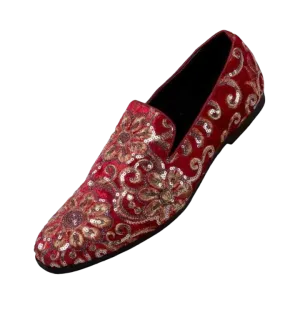Red and Gold Sequin Loafers Luxury Design Men's Slip-on Dress Shoes