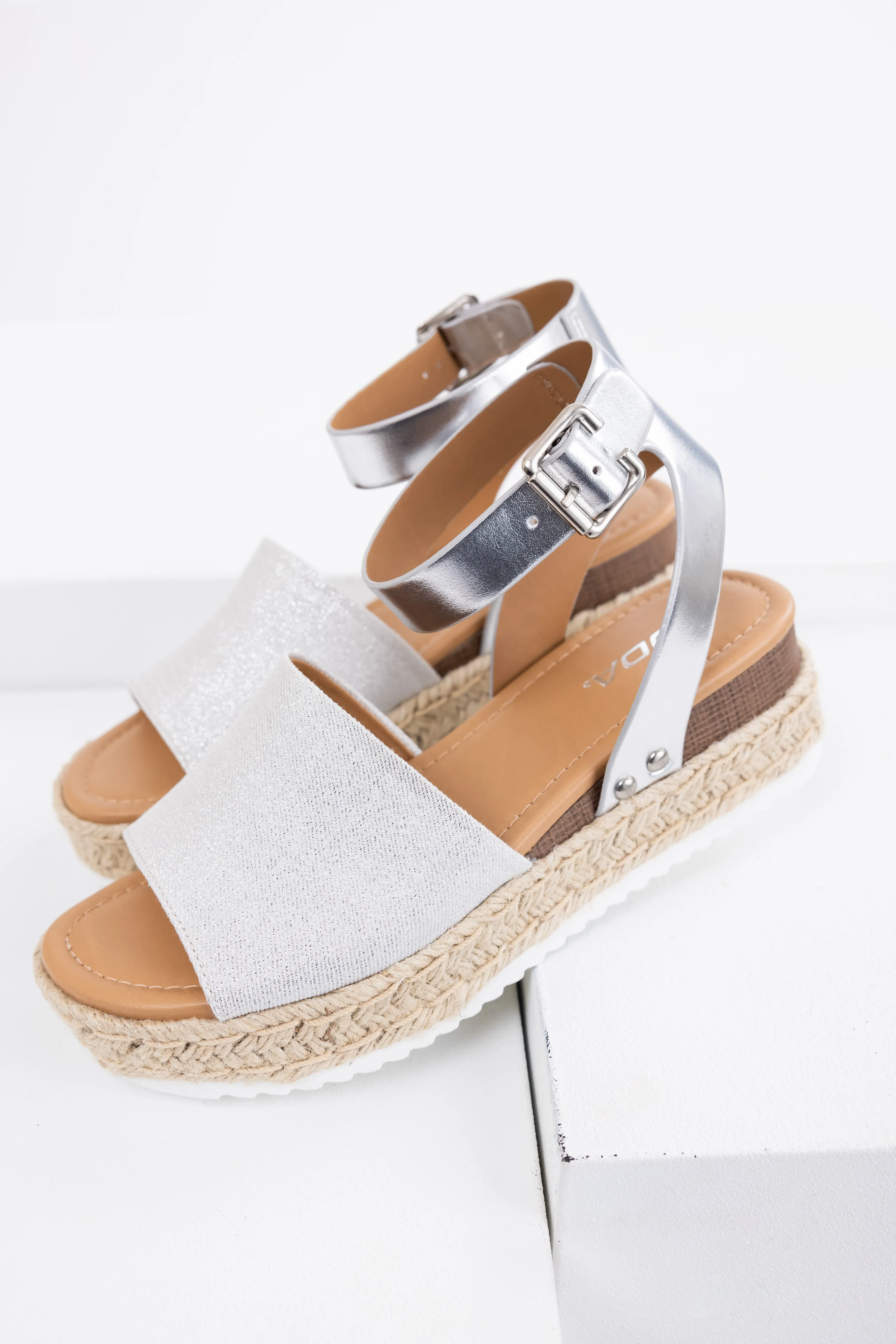 Silver Ankle Strap Espadrille Platform Sandals