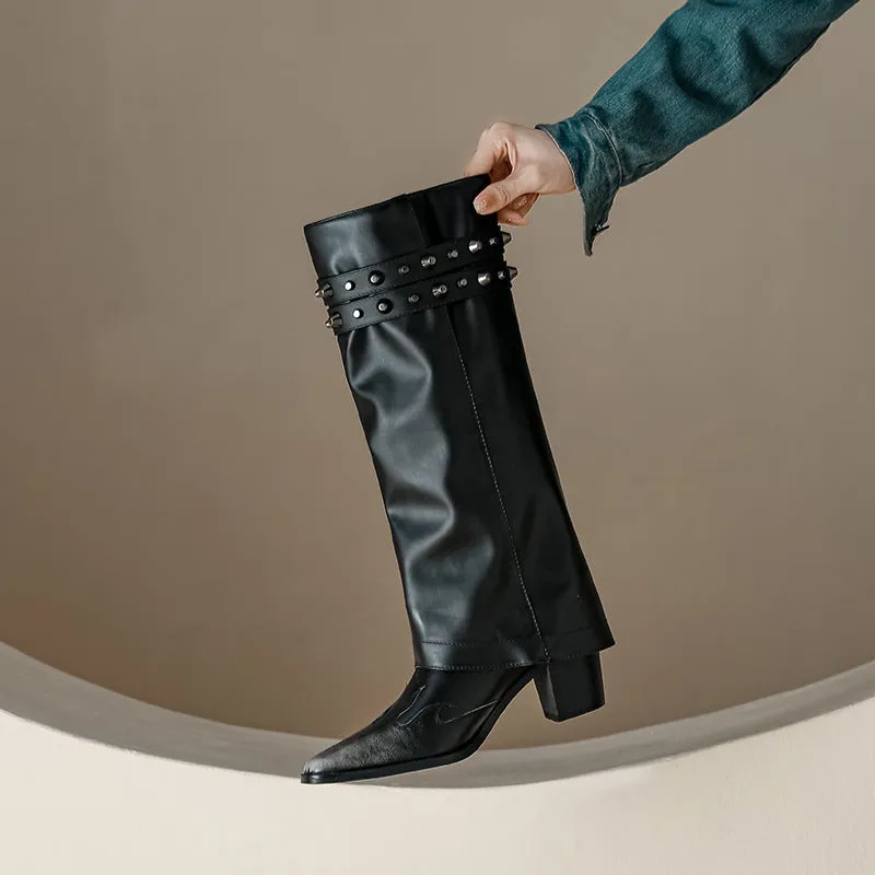 Square-Toed Chunky Heel Rivet Jeans Boots