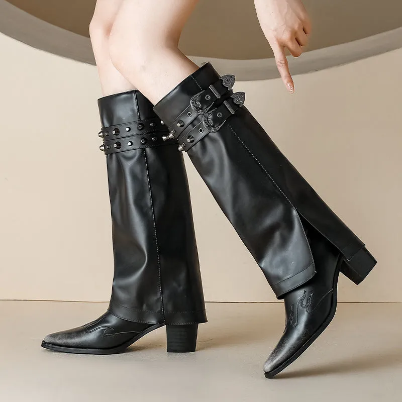 Square-Toed Chunky Heel Rivet Jeans Boots