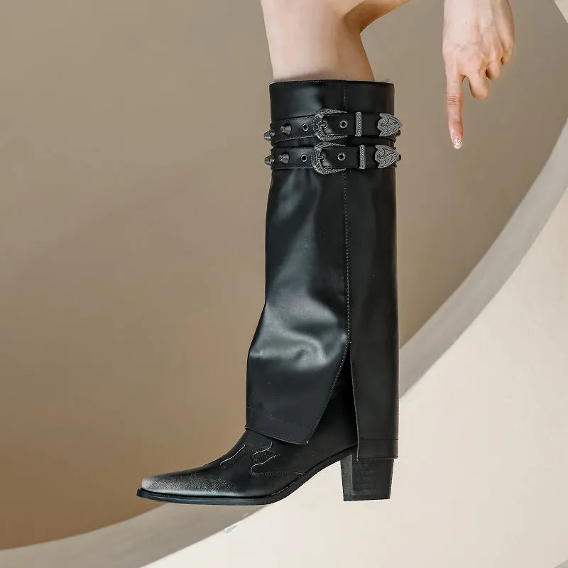 Square-Toed Chunky Heel Rivet Jeans Boots
