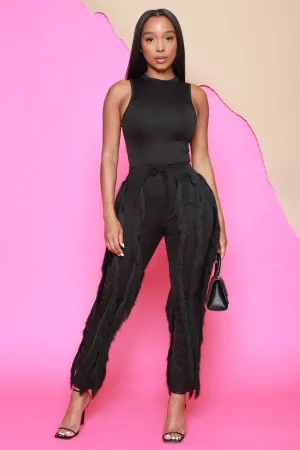Weightless Sleeveless Fringe Pants Set - Black