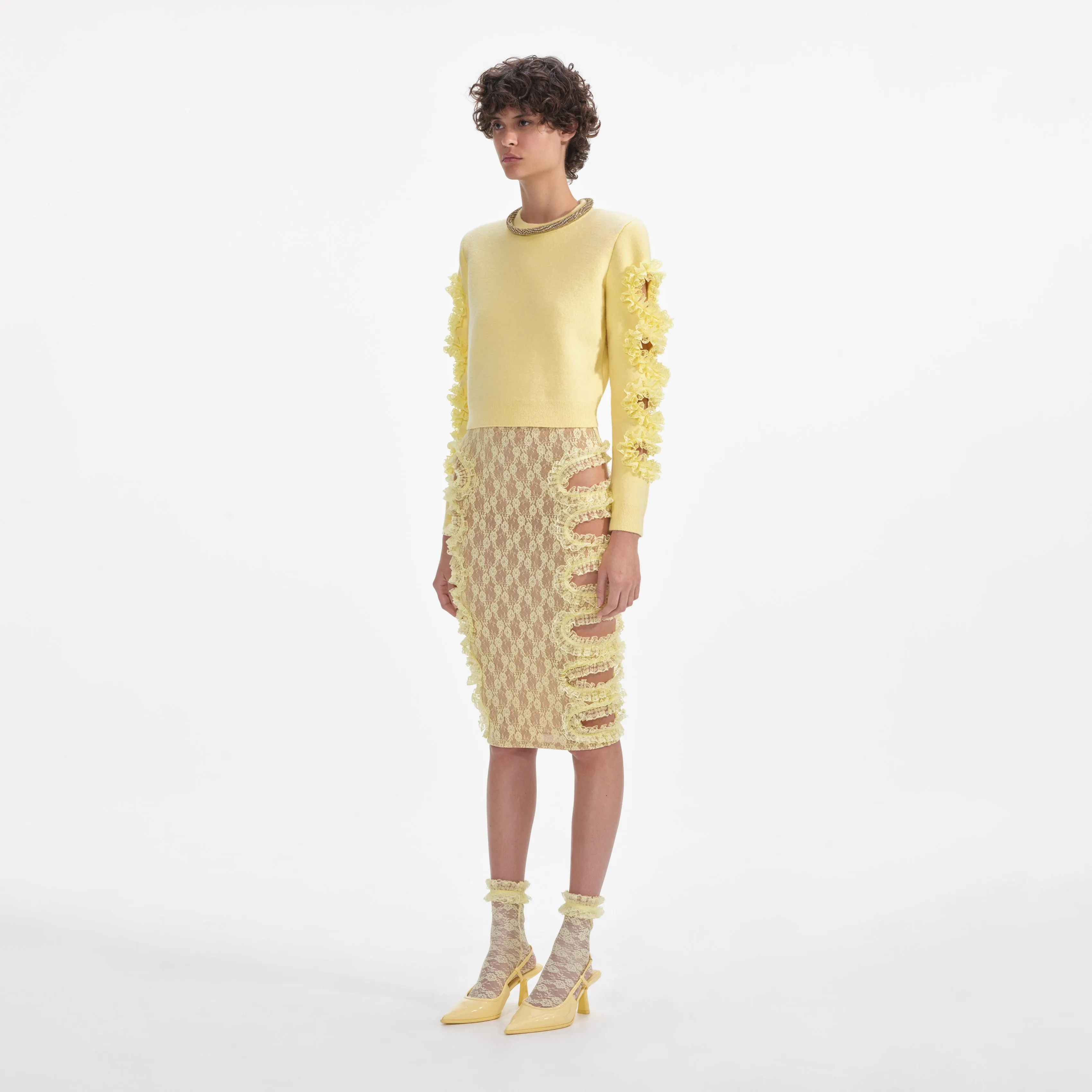 Yellow Cut Out Lace Detail Jumper